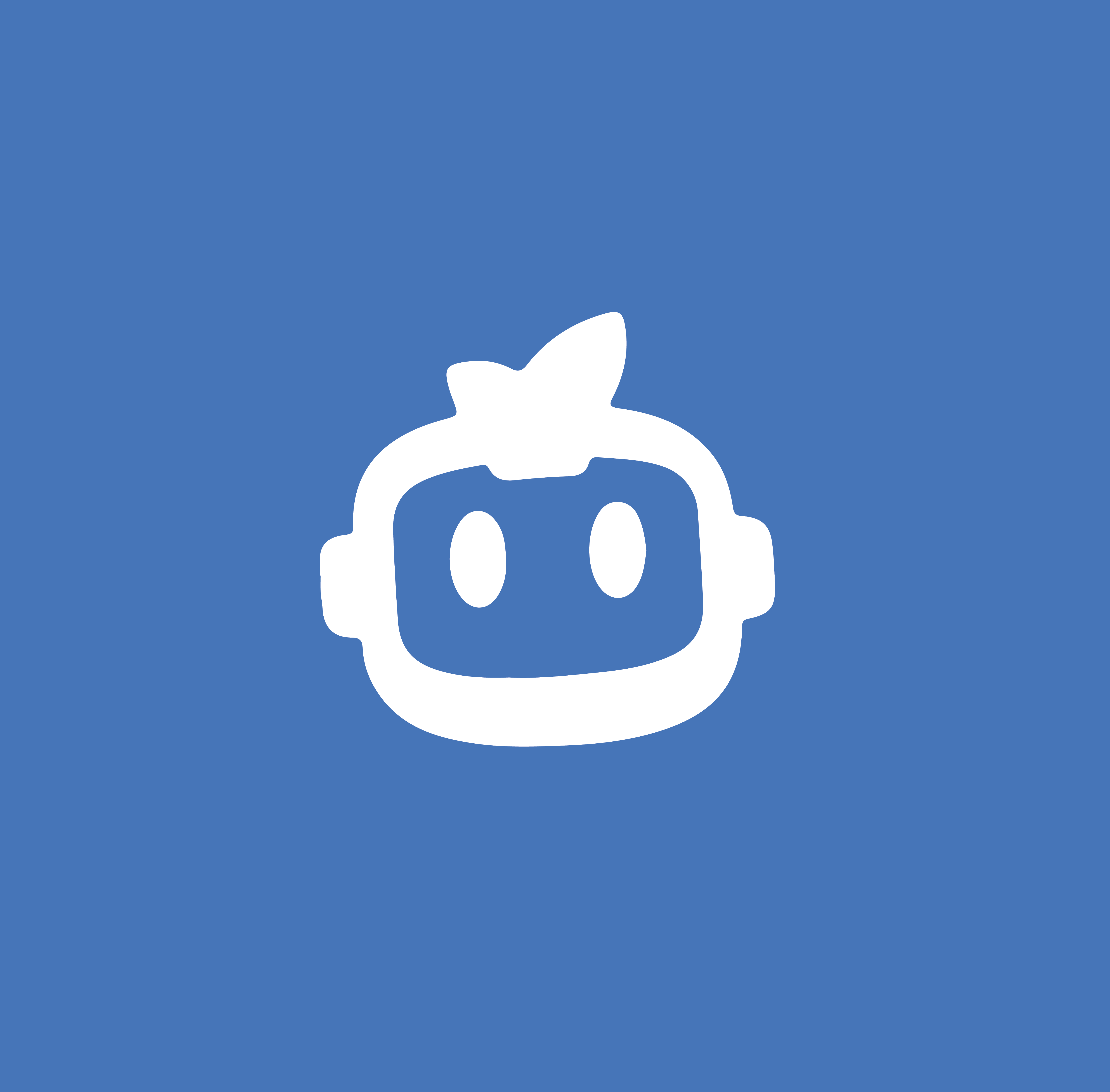 White robot face icon with rounded rectangular eyes on a blue background.